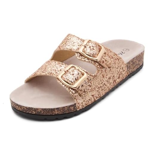 Herstyle Softey Sandália feminina rasteira de cortiça com bico aberto, 2 tiras com fivela ajustável, preta, dourada, prata, para férias de verão, Brilho rosa 1836, 37