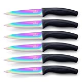 SiliSlick Stainless Steel Steak Knife Set with Titanium Coated Rainbow Iridescent Kitchen Knives and Straight Edge