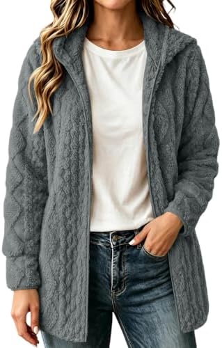 Teddyjacke Damen Einfarbig Langarm Hoodie Teddy Fleece Mantel mit Kapuze | Winter Warm Sweatshirt Flauschig Plüschjacke Oversize Fleecejacke Mittellanges Dicker Wintermantel Bequem