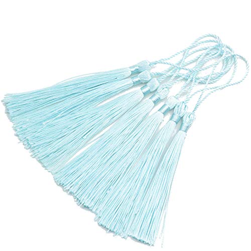 Image of 100pcs 13cm /5 Inch Silky Floss Bookmark Tassels with 2-Inch Cord Loop and Small Chinese Knot for Jewelry Making, Souvenir, Bookmarks, DIY Craft Accessory (Light Blue)