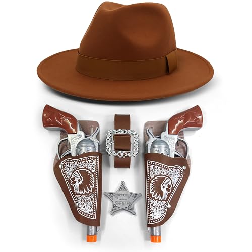 Season N Spark Adult Western Cowboy Costume 7Pc's Set – Plastic Twin Prop Guns with Dual Holster Belt, Sheriff Badge & Brown Cowboy Hat for Costume Parties & Cosplay