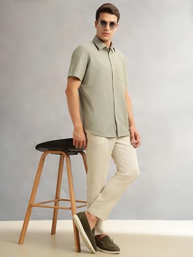 Image of Thomas Scott Men's | Solid | Linen Blend | Slim Fit | Short Sleeve | Spread Collar | Casual |Shirts for Men