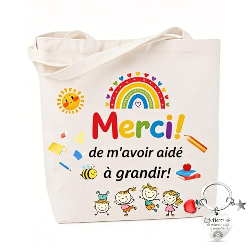 AHEZQILU Cadeau Merci Maitresse, Sac Cabas et Porte-Clés Mignons, Cadeau Maitresse d'École et Atsem, Idéal Aussi pour Les Collègues, Les Mamans, Les Infirmières ou Les Nounous