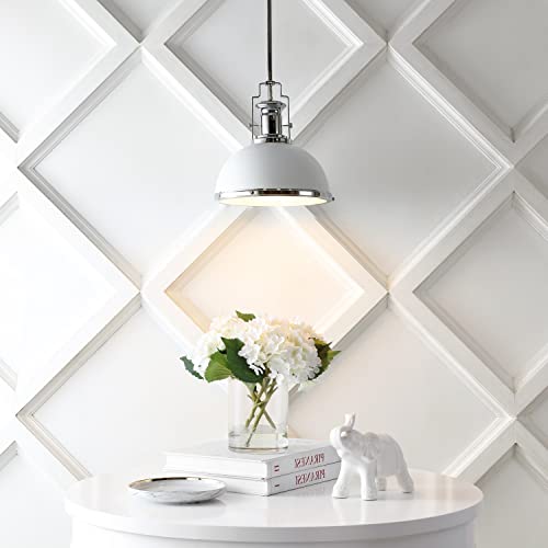 Image of JONATHAN Y Homer Industrial Dome Pendant 13 inch, White /Chrome | 1-Light, Farmhouse Style, Adjustable Hanging Height, Glass Diffuser, Sloped Ceiling Compatible, Metal, LED Bulb Included