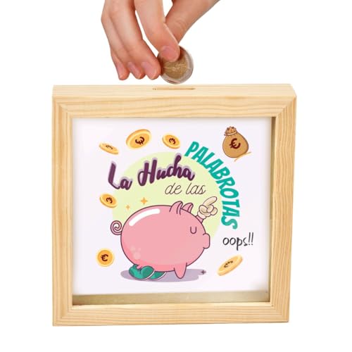 Hucha de Las Palabrotas | Cuadro Hucha Rectangular o Cuadrada con Foto | Marco de Madera y Cristal Transparente | Regalo San Valentín, Bautizo, Boda, Cumpleaños (Modelo 2, 17x17)
