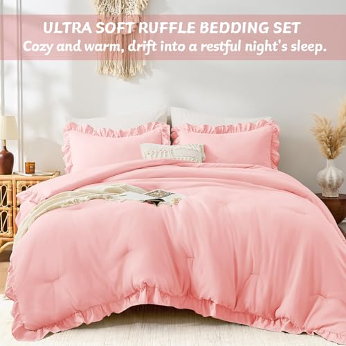 Image of FUANNA Full Size Comforter Sets Pink, 3 Pieces Ruffle Full Size Bedding Sets, Fluffy Bed in a Bag Full for All Seasons, Shabby Chic Full Bed Set with 1 Lightweight Comforter & 2 Pillowshams
