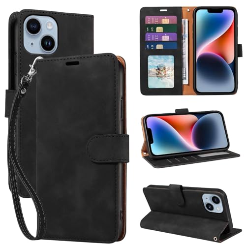JHWVVTF for iPhone 14 Wallet Case [RFID Blocking 4 Card Slots] [Kickstand] [Wrist Strap] [Magnetic Closure] Soft PU Leather Shockproof Protective Flip Cover for iPhone 14 Case 6.1 Inch (Black)