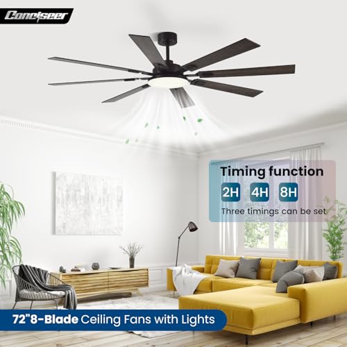 Image of 72 Inch Ceiling Fans with Lights and Remote, Dual Color 8 Blades, Bedroom Living Room Office Library Cafe Outdoor Industrial, 3CCT Dimmable, 6 Speed Reversible Quiet DC Motor, Brown /Wood Grain