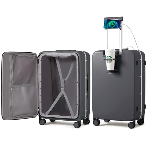 mixi Large Checked Luggage with Cup Phone Holder and Charger Hard Shell Suitcases with Spinner Wheels, 26 Inch Rock Gray by mixi - Used condition - US$203.99