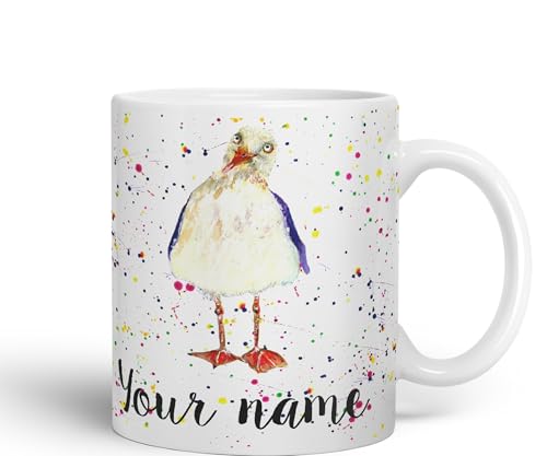 Image of Vixar Personalised Mug with Your Text Name Seagull Sea Bird Animals Watercolour Art Coloured Ceramic Mug Cup Gift 330ml 11oz Custom Work Office Tea Coffee (White)