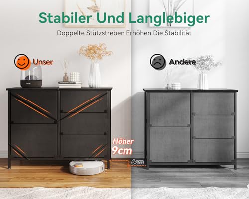 Coleshome Kommode mit 5 Stoffschubladen, Kommode mit Schubladen mit 2 Große und 3 Kleine, Holzplatte Robustem Stahlrahmen, Geeignet für Schlaf- und Wohnzimmer, 76 x 29 x 60cm, Schwarz