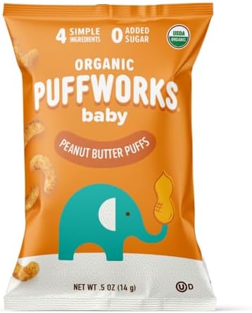 Puffworks Baby Organic Peanut Butter Puffs, Perfect for Early Peanut Introduction, Plant-Based Protein, USDA Organic, Gluten-Free, Vegan, Non-GMO, Kosher, 0.5 Ounce (Pack of 12)