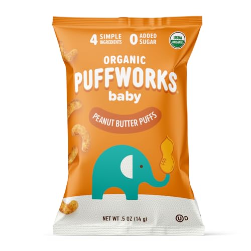 Puffworks Baby Organic Peanut Butter Puffs, Perfect for Early Peanut , Plant-Based Protein, USDA Organic, Gluten-Free, Vegan, Non-GMO, Kosher, 0.5 Ounce (Pack of 12)
