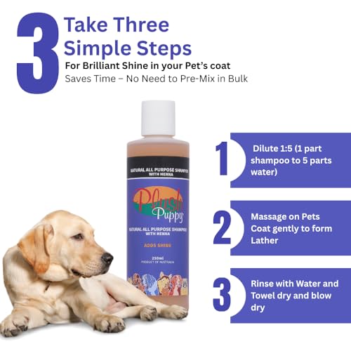 Image of PLUSH PUPPY Shampoo for Cats and Dogs - Ideal for Short Coated Breeds, Enhances Shine, Maintains Skin Health, Paraben Free, No Artificial Fragrance, All Purpose Pet Shampoo with Henna (250 ml)