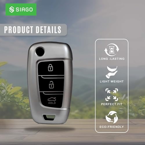 Image of SIAGO TPU Key Cover and Round Key Chain Compatible with Hyundai Verna 2024 2023 | i20 N line N6 Car 3 Button Flip Key (Grey)