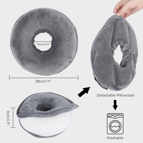 Winmany Ohrpiercing-Kissen mit abnehmbarem Plüsch-Kissenbezug für Seitenschläfer, kreisförmiges Donut-Kissen für Ohrenschutz, Schmerzlinderung, waschbar (Dunkelgrau, Standard)