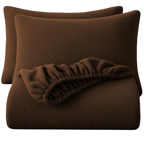 Image of VAS COLLECTIONS Luxury Warm Winter Elastic Fitted Bedsheet with 2 Pillow Covers - Ultra Soft Flannel Velvet Touch, Cozy & Wrinklefree lintfree Size - 78x72+10 Inches (Dark Brown)