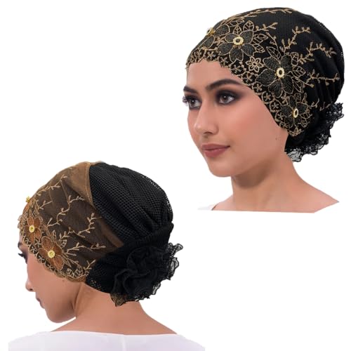 Floral Embroidered Mesh Turban Cap with Lace Detail Women's Head Wrap Bonnet Muslim Hat, 1pcs Black and 1pcs Coffee, M