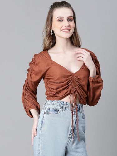 Image of oxolloxo Women Floral Print Semi-Sheer Round Neck Tie-Knotted Elasticated Long Crop Sleeve Top