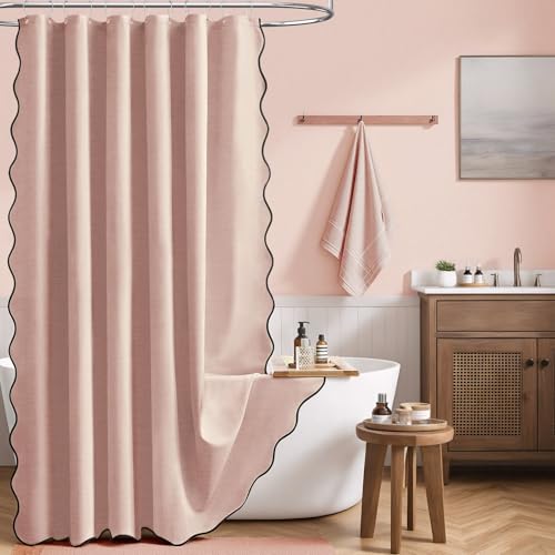 BTTN Long Shower Curtain, 80 Inch Boho Scalloped Linen Textured Heavy Duty Fabric Shower Curtain Set with 12 Hooks, Large Modern Cute Waterproof Cloth Shower Curtain for Bathroom, 72x80, Blush Pink