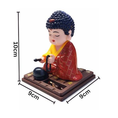 Image of Solar-Powered Moving Head Buddha Statue| Feng Shui Monk Figurine for Positive Energy, Peace & Prosperity | Shaking Head Buddha Idol for Car Dashboard, Home & Office Decor (Red and Yellow)