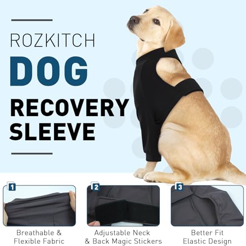 Image of ROZKITCH Dog Surgery Leg Sleeve Front Legs, Pet Anti Licking Wound Elbow Knee Elbow Protector, Dog Recovery Suit Cone Collar Alternative for Joint Care ACL CCL Arthritis Sprain Black S