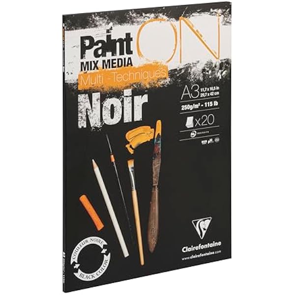 Clairefontaine 975170C Blok rysunkowy PaintON Multi-techniques 20 arkuszy papieru do rysunku lekko ziarnistego Czarny A3 29 7x42 cm 250g
