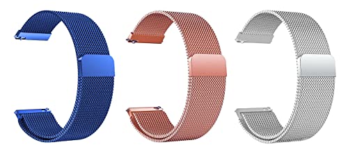 Image of ACM Pack of 3 Watch Strap Magnetic Loop 20mm compatible with Compaq Q Watch Smartwatch Metal Chain Band (Blue /Rose Gold Pink /Silver)