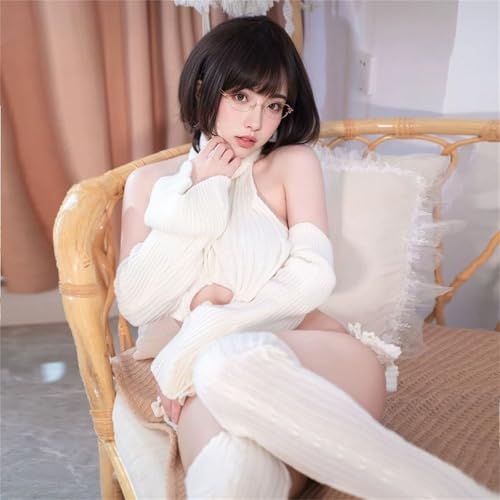童貞を殺すセーター ロリータ ニットワンピース コスプレ セクシー 背中開き バックレス ニット ハイネック バックリボン タートルネック ノースリーブ ランジェリー コスチューム Ｔバック アームカバー ハイソックス フリーサイズ - 画像3