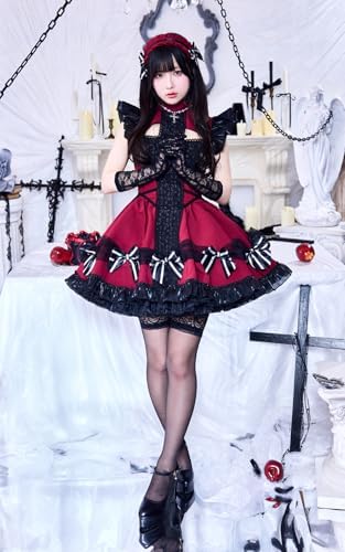 [Malymoon] コスプレ メイド ウエイトレス 家政婦 レッド ブラック 赤 黒 ダーク 十字架 リボン 衣装 仮装 マリームーン 6点セット THEODOL 10235 詳細画像2