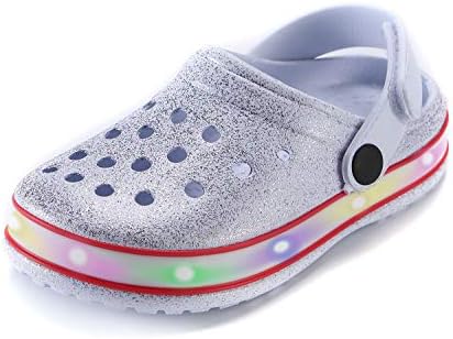 XPKWS Kids' Clogs Boys Girls LED Garden Shoes Light up Sandals Slip on Quick Dry Beach Slippers (Silver, 12 Little Kid / 30)