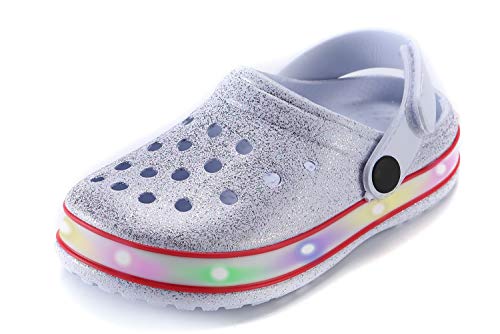 Xpkws Kids' Clogs Boys Girls Led Garden Shoes Light Up Sandals Slip On Quick Dry Beach Slippers (Silver, 12 Little Kid / 30) #TOP12