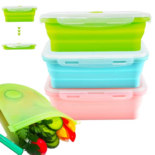 Lot de 3 boîtes de conservation pliables en silicone pour aliments - 1200 ml - Sacs de rangement en silicone inclus - Passe au congélateur, au four, au micro-ondes et au lave-vaisselle