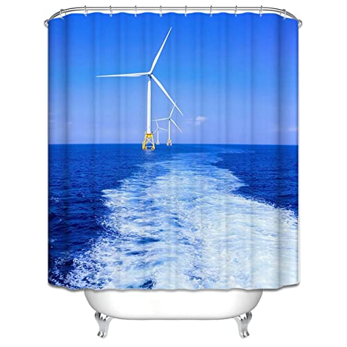 EHOMERY Duschvorhang Stoff Waschbar Duschrollo Nach Maß Ozean-Windmühle Duschvorhanggestell Duschrollo Mit Motiv Polyester Rostfreie Ösen Und 12 Hakenringe, 160X180Cm