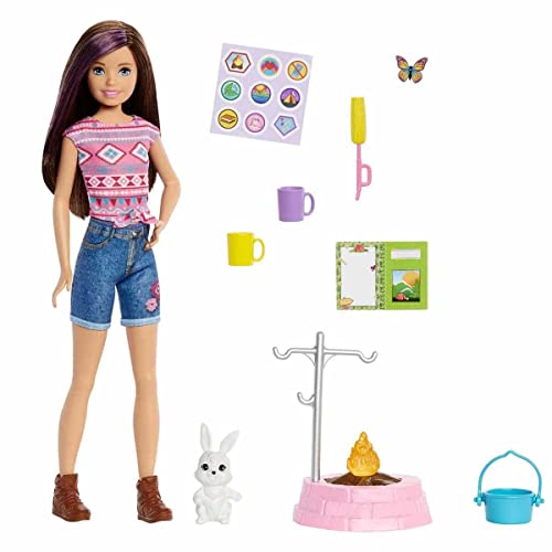 Barbie Camping Serie, Campingset mit Skipper-Puppe, Schmetterling, Hase, Camping Zubehör, Aufkleber, inkl Puppe (25 cm), Geschenk für Kinder, Spielzeug ab 3 Jahre,N/A