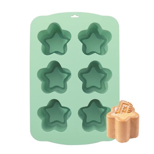 QELEG Mini molde de silicona para tartas, molde de silicona 3D para hornear pasteles, brownie, pudín, postre francés, pastelería, helado, verde menta, 6 cavidades, estrella