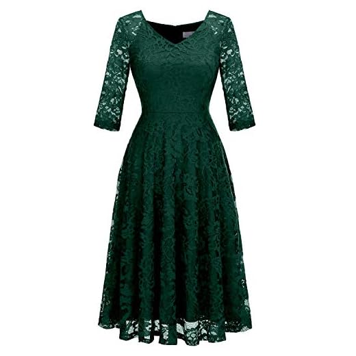 Dark Green Lace Tea-Length Dress