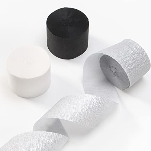 Image of Black White Silver Party-Decorations Streamers - 9 Rolls Graduation Men Boys Birthday Crepe Tissue Paper Streamer Banner, Wedding Baby Bridal Shower New Years Garland Decor Panduola