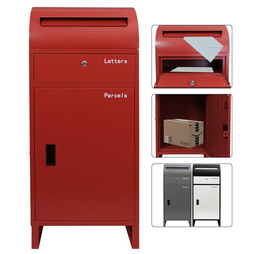 POST2HOME 宅配ボックス 屋外 大容量 戸建て用 ポスト 置き配ボックス 郵便受け 大型 防水 簡単組立 宅配BOX 円弧形 置き型 鍵付き 案内ステッカー付き ポスト付き 玄関 盗難防止 (明るい赤)