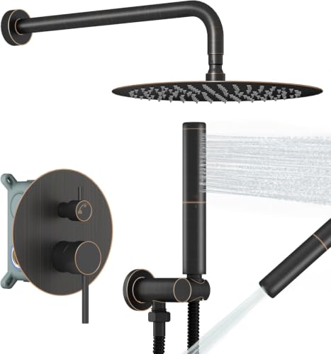 Image of BESy Shower System with 10 Inch Round Rain Shower Head and Handheld Wall Mounted, High Pressure Rainfall Heads Shower Faucet Fixture Combo Set with 2 in 1 Spray Showerhead for Bathroom, Bronze