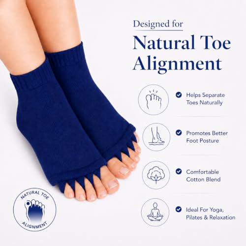 Image of Foot Alignment Orthopedic Cotton Socks for Men & Women | Five Toe Separator | Foot Pain Relief | Bunion Corrector | Plantar Fasciitis Support | Improves Posture & Flexibility | Free Size | Navy Blue | 1 Pair