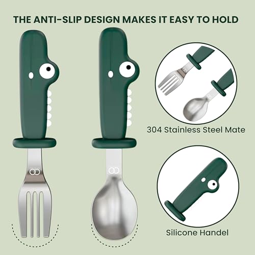 Image of Baby Spoon and Fork Set, Green Stainless Steel & Silicone Toddler Cutlery Set with Dinosaur Case, 2 Pc, Self Feeding Utensils for Baby Meals School and Travel, Mealtime Essential