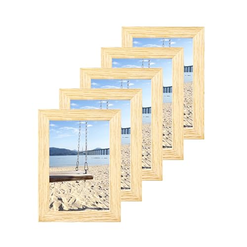 【5枚セット】サイズ対応 壁掛け・卓上両用 フォトフレーム 写真・ポストカード・絵画展示用 すっきりデザイン ブラック/ホワイト/ウッド調 (色選べる) (ホワイトウッド, 4 X 6)