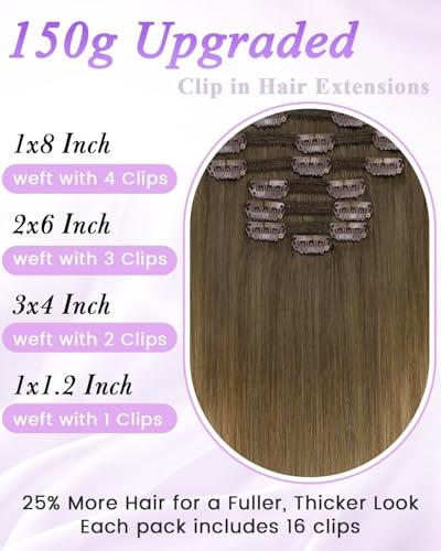 Image of LaaVoo Human Hair Clip in Extensions 24 Inch 150g Human Hair Extensions Clip Ins Light Brown Balayage Golden Blonde Real Human Hair Extensions Clip ins Full Head 7pcs