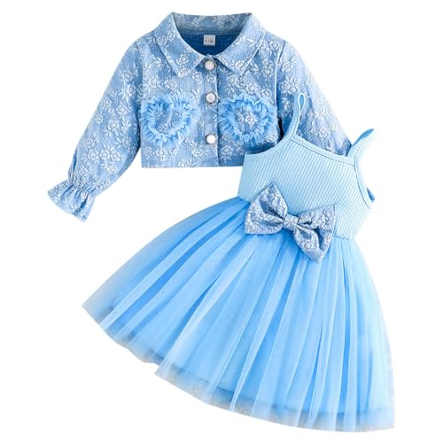 Kunyeah - Vestido de tutú para bebé y niña, vestido de tul sin mangas, chamarra de encaje floral, traje de manga larga para niña, Azul, 6-9 Meses