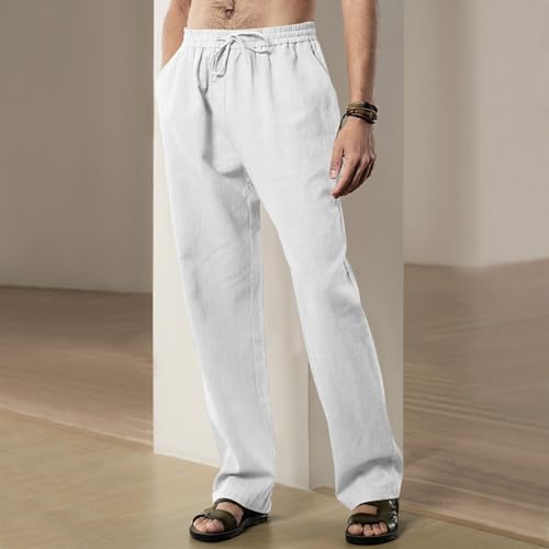 Men's Casual Linen Pants Elastic Waist Drawstring Beach Pants Lightweight Loose Fit Wide Leg Trousers with Pockets2