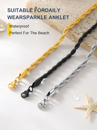Image of ChainsPro Resizable Anklet Chain for Women Men, Figaro /Wheat /Twist Rope /Cuban Foot Bracelet-Strong with Good Clasp-18K Gold Plated(Send Gift Box)