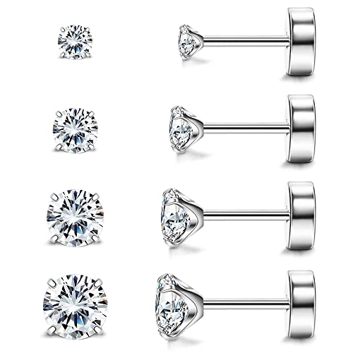 MJust Titanium Earrings for Women Men 20G Flat Back Earrings 2-5MM Cubic Zirconia Hypoallergenic Earrings for Sensitive Ears