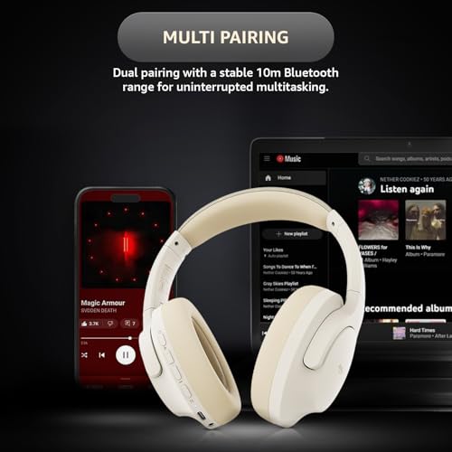 Image of Amazon Basics Pro Series Wireless Noise Cancelling ANC Over Ear Headphone | Bluetooth Headset | USB Charging | 10 m Paring Distance | 74 Hours Battery Life | 40 mm Drivers | IPX4 Rated (Beige)