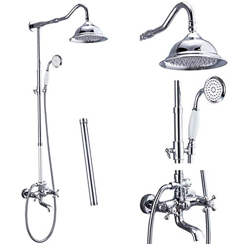 Aolemi Polish Chrome Shower Fixture Set with 12 Inch Extension Tube Hand Sprayer and Tub Spout Swivel Rainfall Shower Faucet Head Wall Mounted Triple Function 2 Cross Knobs